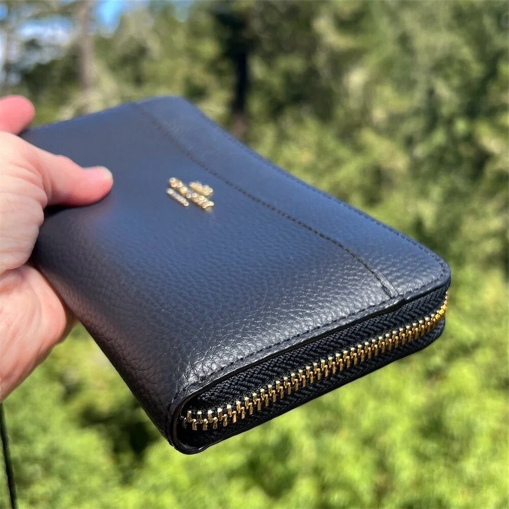 COACH Long Zip-Around Wallet Navy Blue Pebble Leather Wallet Gold Hardware